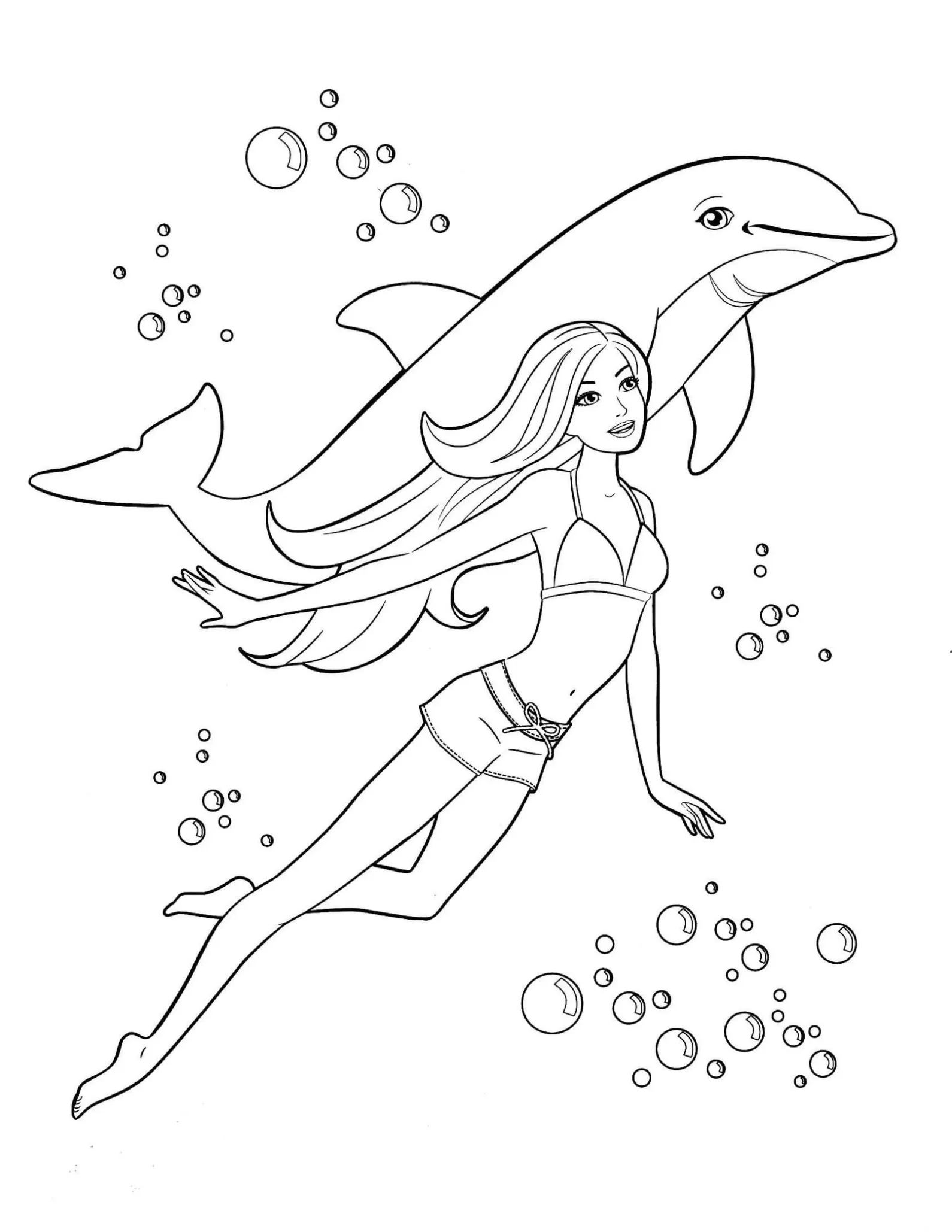 Nadando com o golfinho para pintar e imprimir