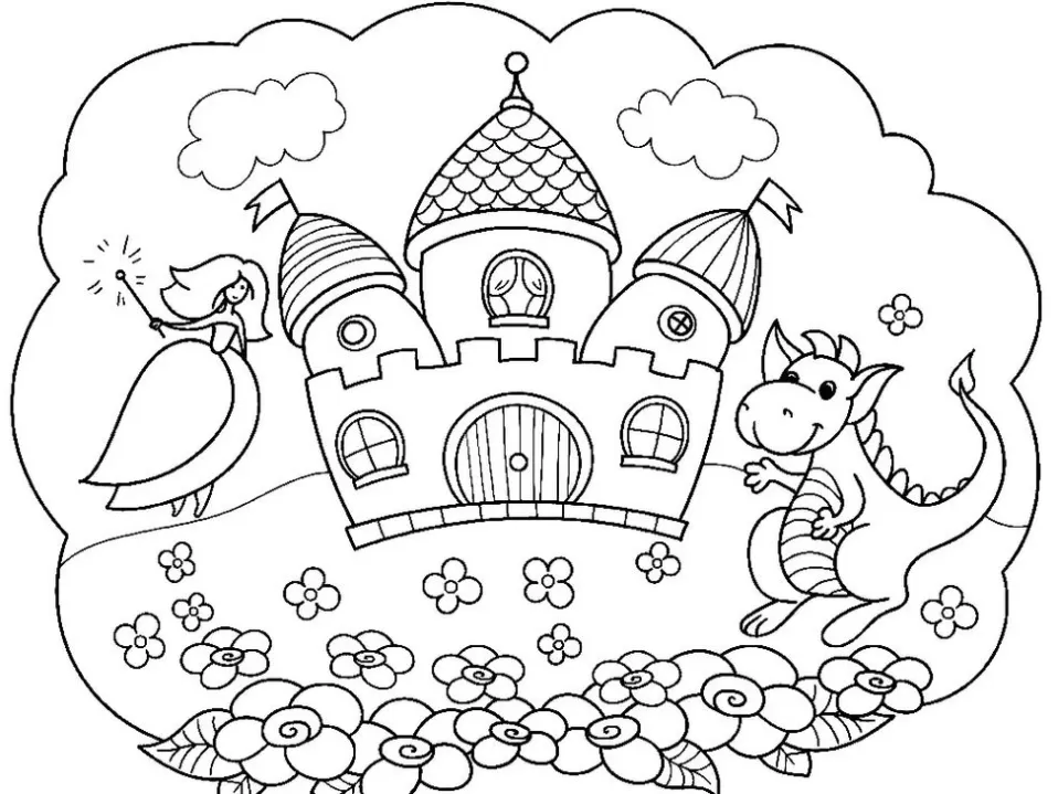 Princesa e Dragão para colorir e imprimir