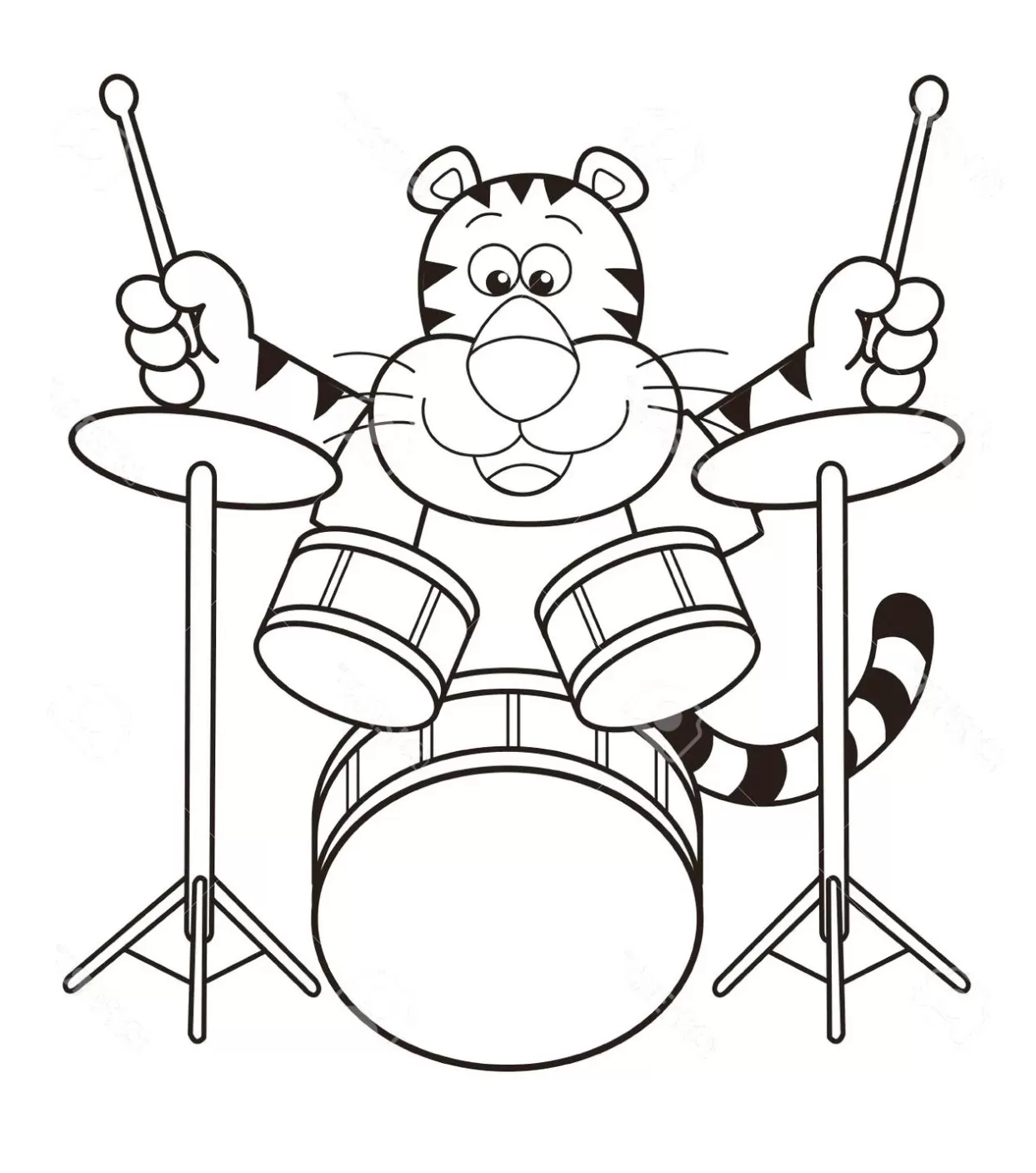 Tigre tocando bateria para colorir e pintar