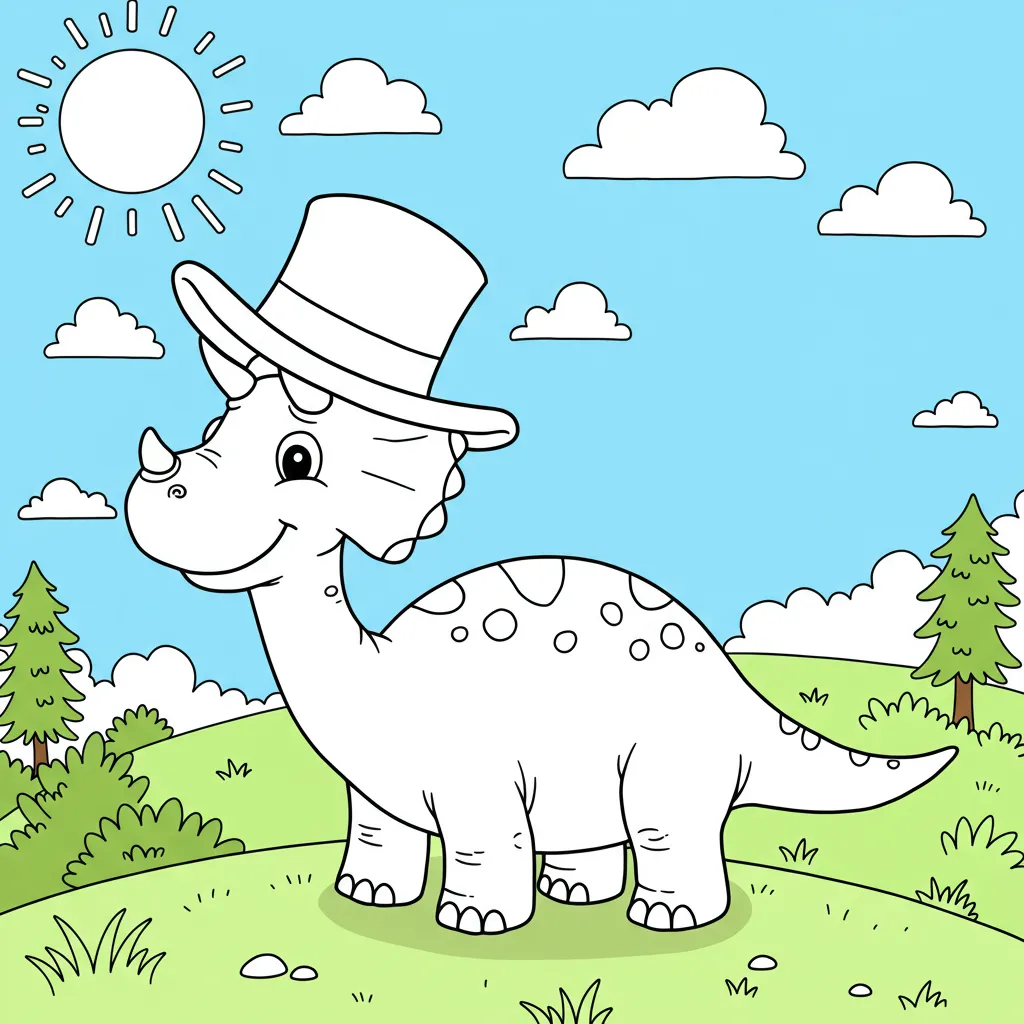 Desenho de Dinossauro com Cartola para Colorir Facilmente Desenho para pintar de um dinossauro sorridente tipo tricerátopo com cartola, em pé numa colina com árvores, céu azul e sol.