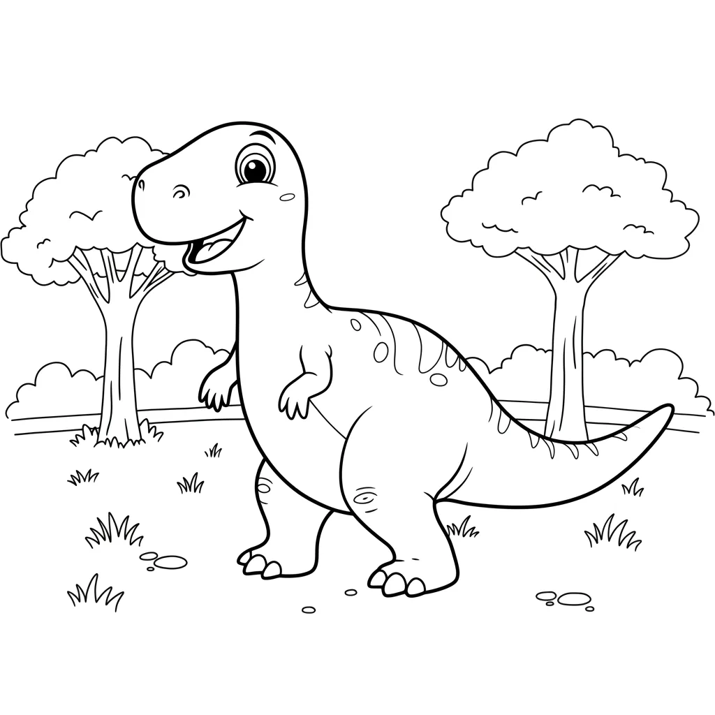 Desenho de Tiranossauro Rex simpático para colorir Desenho para pintar de T-Rex sorridente com braços curtos e pernas fortes. Está de pé na grama, com árvores para colorir.