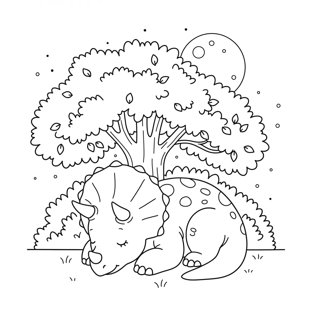 Desenho de triceratops dormindo tranquilamente sob árvore Desenho para colorir mostra um simpático dinossauro triceratops dormindo serenamente na grama uma árvore frondosa e grande.