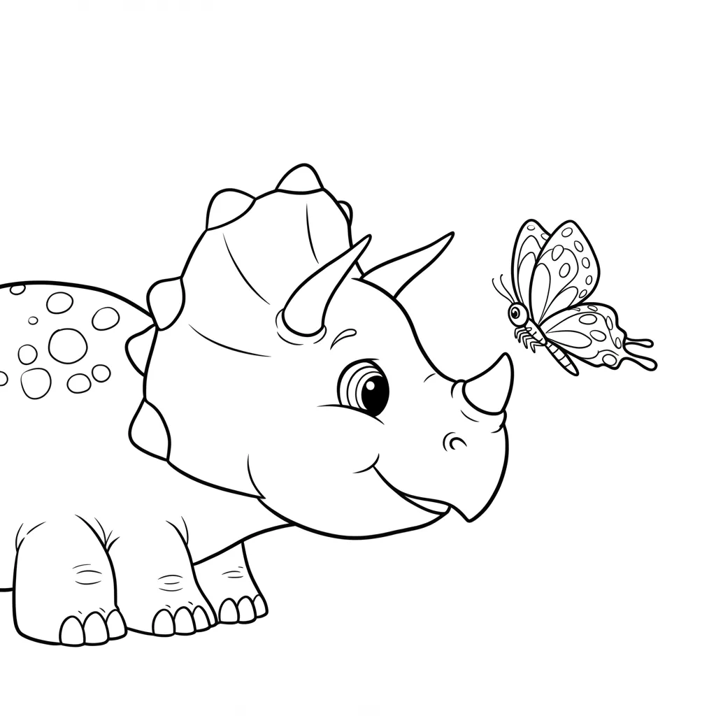 Desenho de Triceratops filhote com borboleta para colorir Desenho para colorir de um filhote de Triceratops sorridente olhando uma borboleta perto do seu focinho para pintura.
