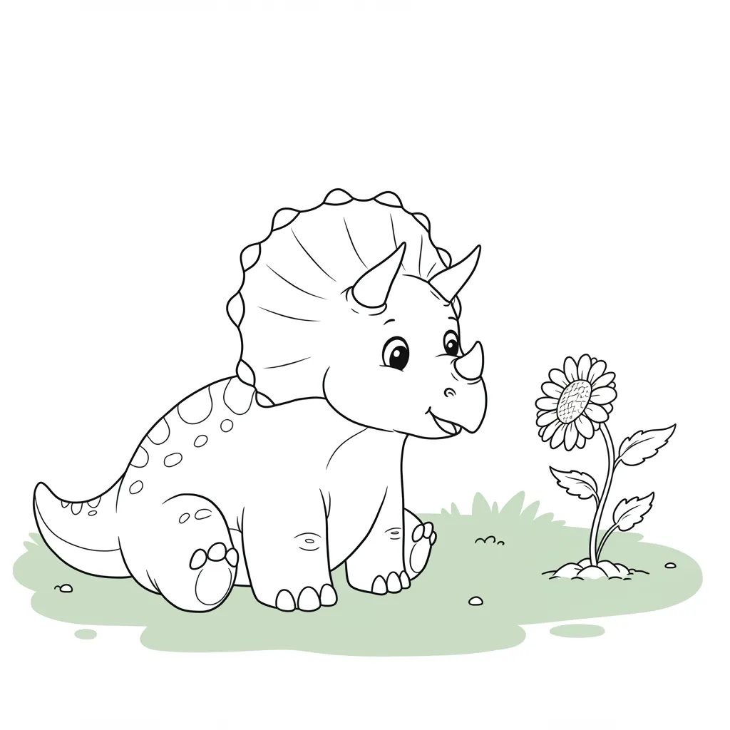 Desenho fácil de filhote Triceratops para colorir e girassol Desenho de um filhote de dinossauro Triceratops sentado na grama, com expressão feliz, olhando para um girassol.
