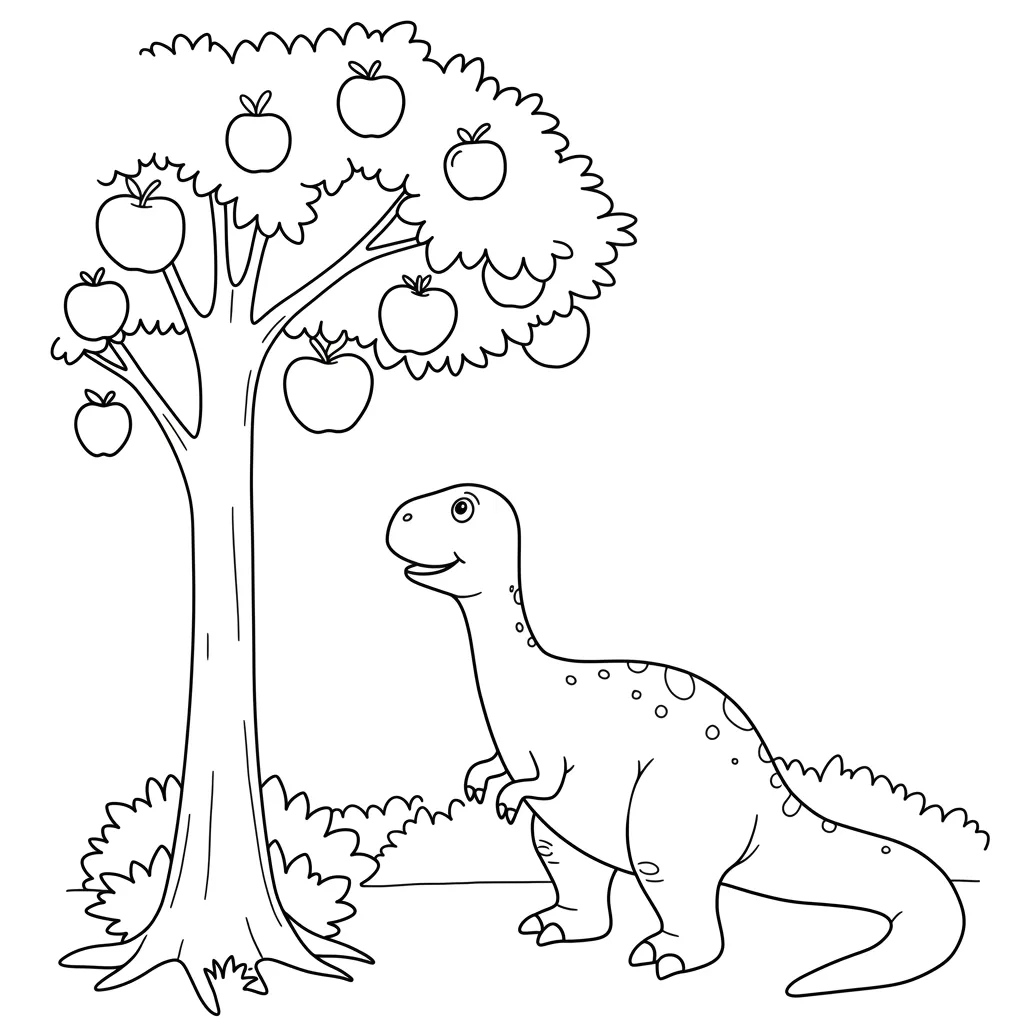 Dinossauro simpático ao lado de árvore com maçãs para pintar Desenho para pintar de um dinossauro amigável com manchas e sorriso, posicionado ao lado de uma macieira carregada de maçãs.