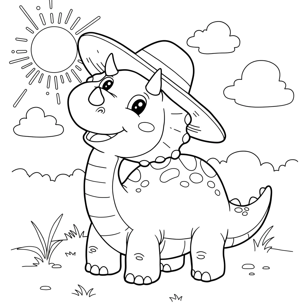 Dinossauro simpático com chapéu para colorir facilmente Desenho simples de dinossauro tipo tricerátops sorrindo com chapéu grande, em cenário com sol e nuvens, pronto para colorir.