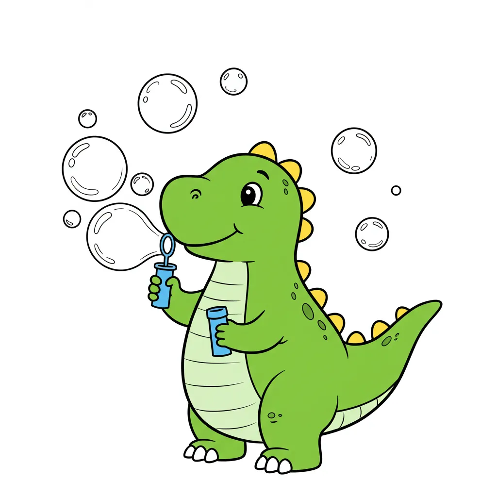 Desenho para colorir: dinossauro amistoso em pé, sorrindo enquanto assopra bolhas de sabão com um brinquedo.
