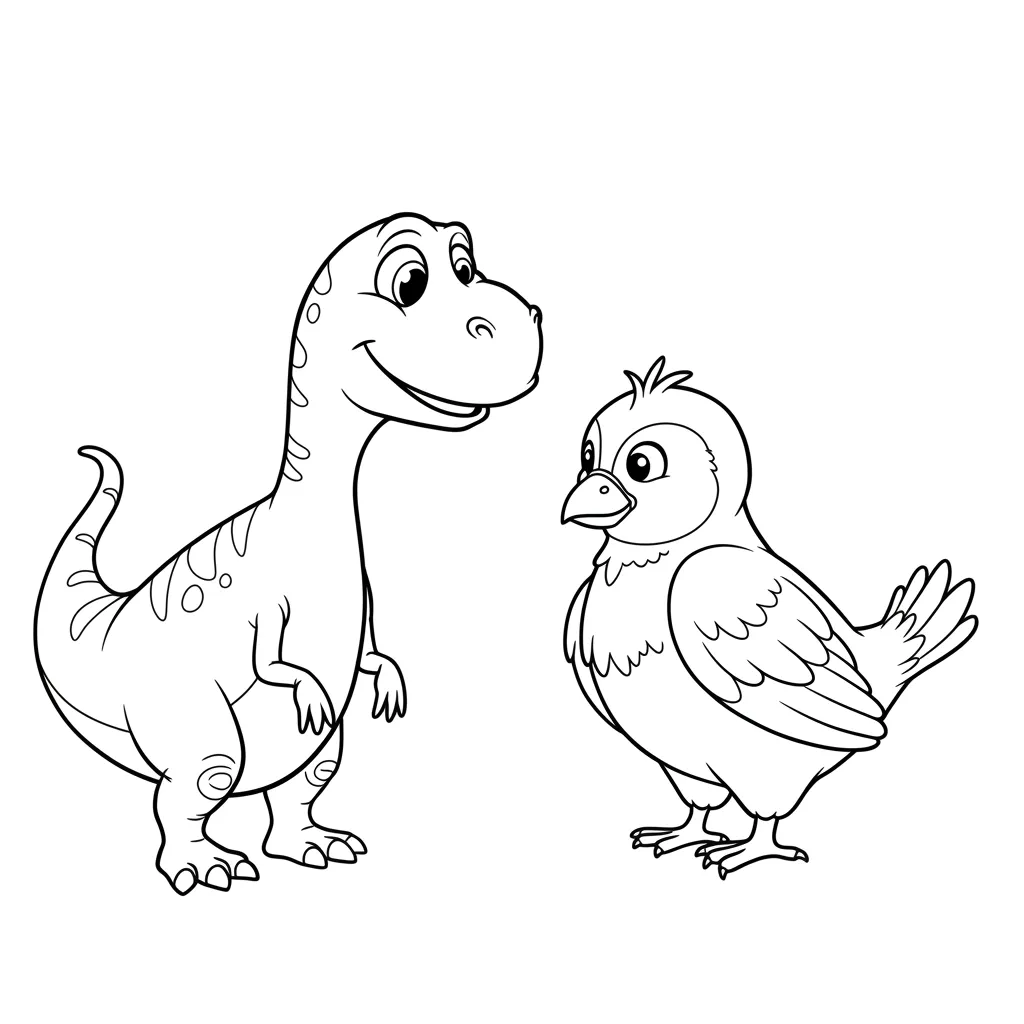 Dinossauro sorridente com pássaro amigo para colorir Desenho para colorir mostrando um dinossauro simpático de pescoço comprido e um pássaro com penas, ambos com traços claros.