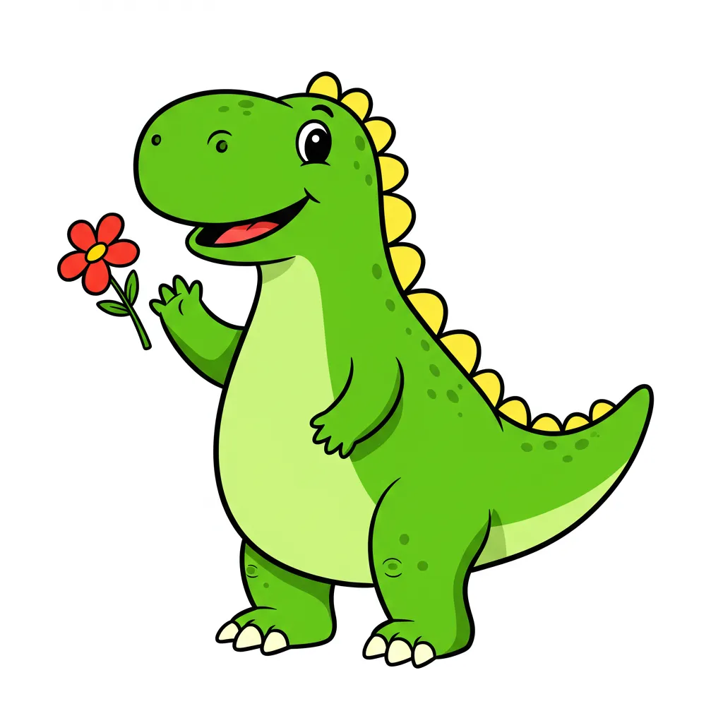 Dinossauro verde simpático com flor para colorir Dinossauro verde de traços simples, com sorriso e placas amarelas. Ótimo para atividades de pintura.